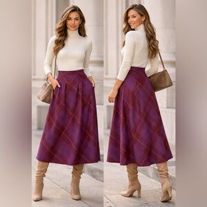 Vintage 1987 Thermo Jac Pleated Wool Plaid Midi Skirt Burgundy Purple Size 6